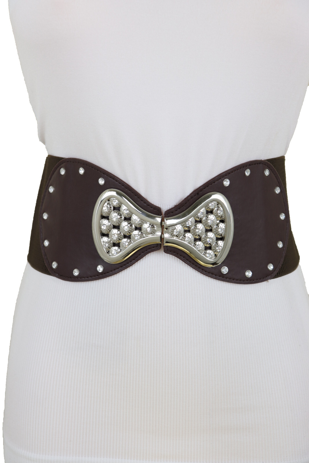 Women Dark Brown Tone Wide Elastic Belt Bling Silver Ribbon Bow Tie Buckle S M