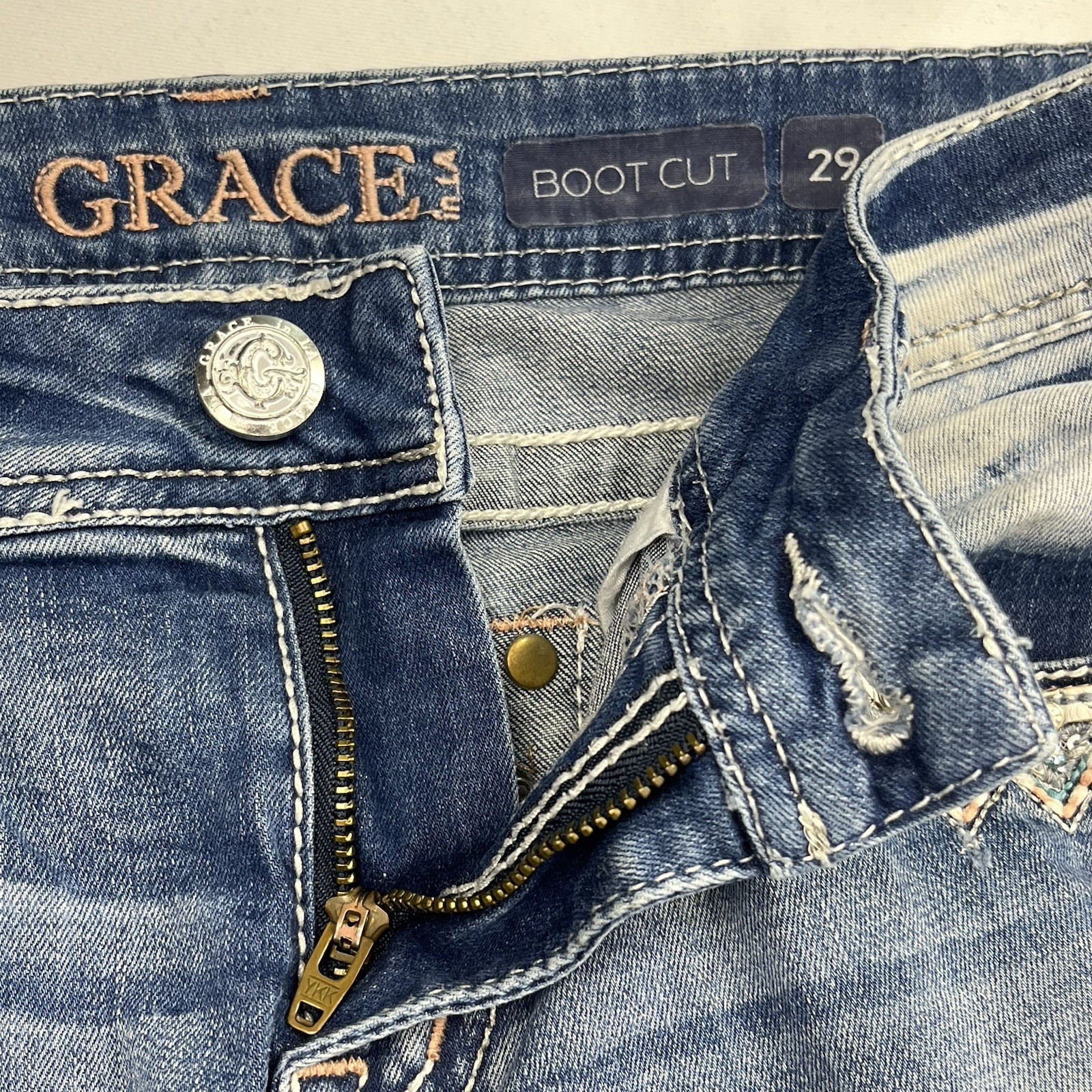 Grace in LA Womens 29 Embellished Jeans Bootcut Dreamcatcher Feathers Rhinestone