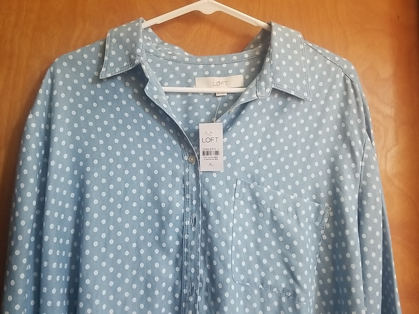 Loft Shirt Top Buttons Blue Polka Dot Lyocell Size XL Long Sleeve