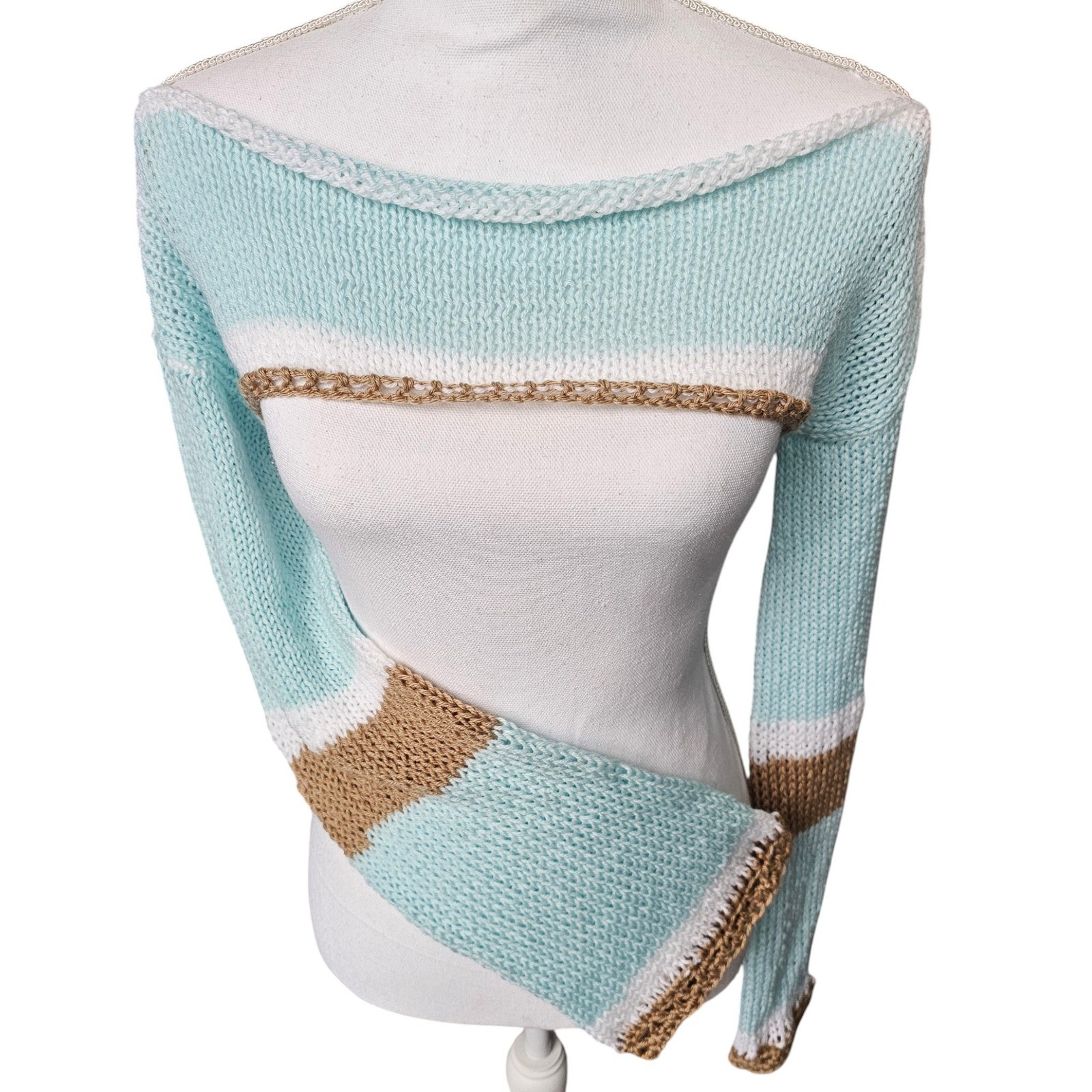 Handmade Knit Shrug | Blue Stripe Bell Sleeve Bolero | Coastal Boho Layering Top