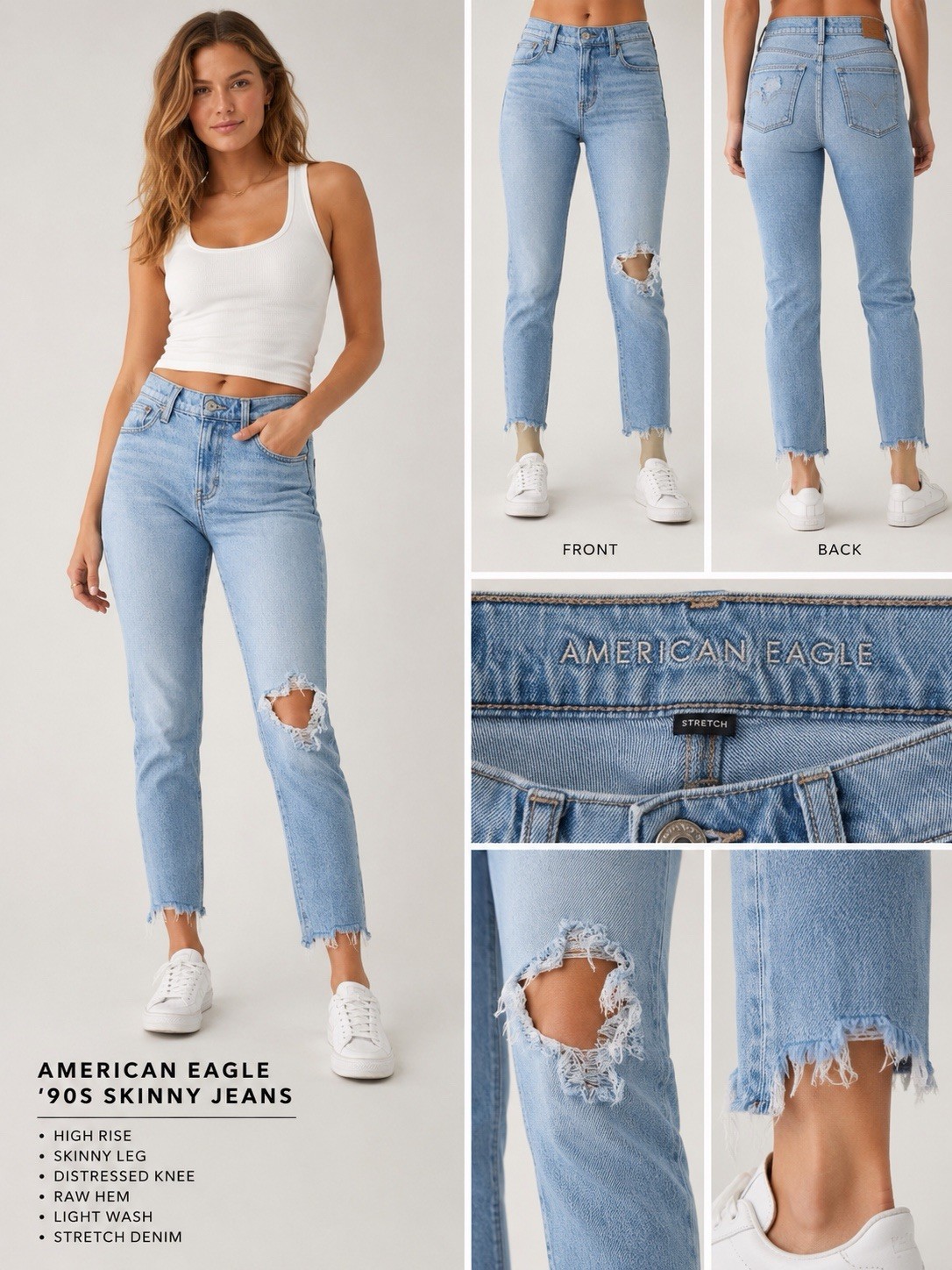 American Eagle Jeans Women 6 90s Skinny Jean Distressed Raw Hem Preppy Boho