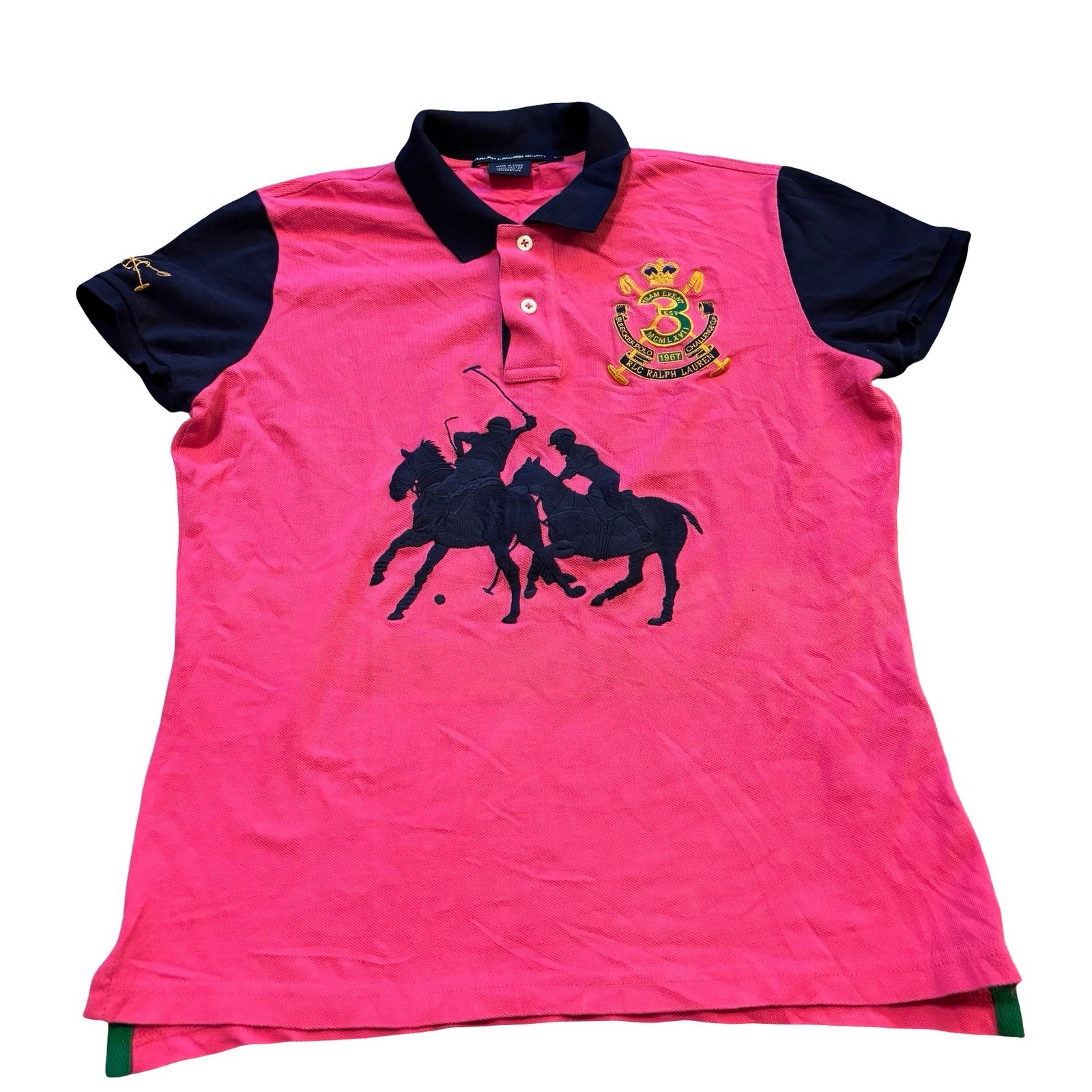 Ralph Lauren Sport Womens Pink Navy Blue Embroidered Polo Shirt Large L Cotton