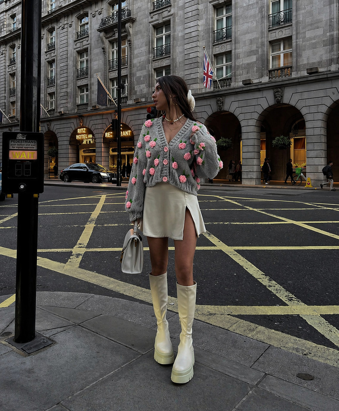 Hand-Embroidered Grey Cardigan, Pink Roses, Oversized Knit Sweater, Cottagecore