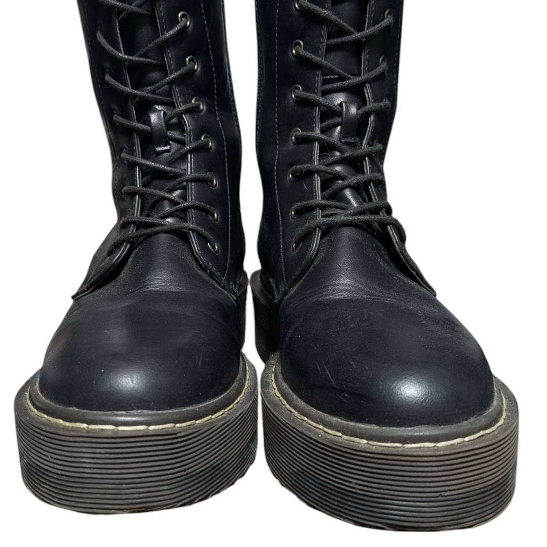 No Brand 15-Hole Platform Lace-Up Boots Side Zip Black 23.5cm Super Excellent