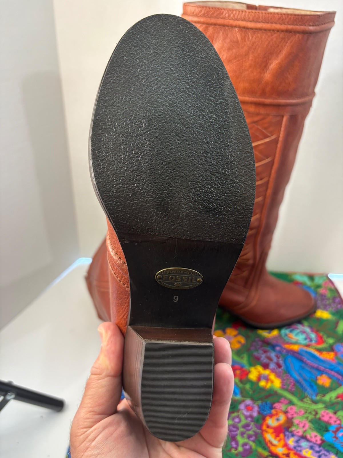 Fossil Knee High Brown Leather Woven Side Panels Riding Boots 9US/7UK/40EU NWOB