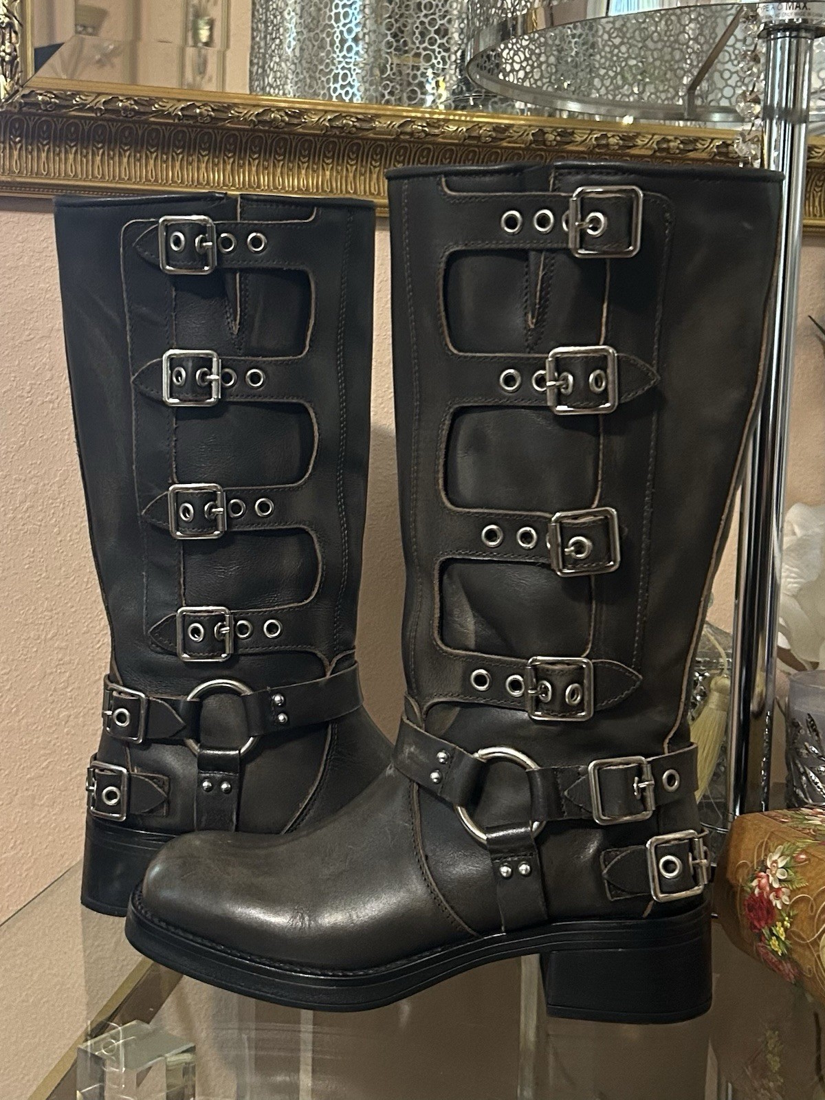 Steve Madden Brocks Gray Leather Multi Buckle Moto Boot Size 8.5