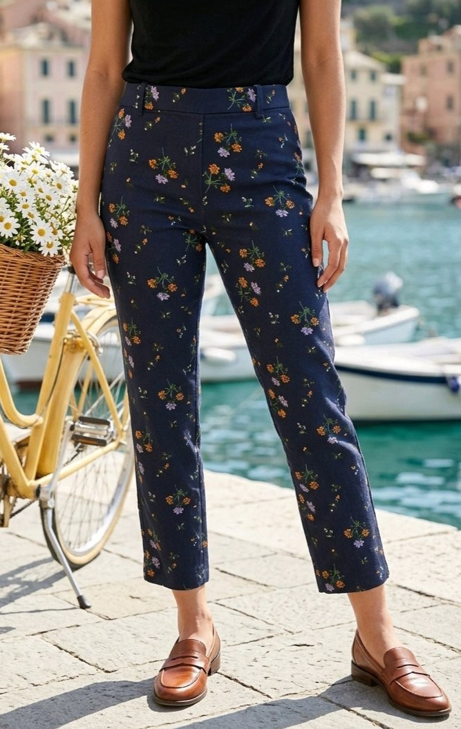 H&M Chino Pants Navy Blue Floral Slacks Stretch Side Zip Casual Career Preppy 8