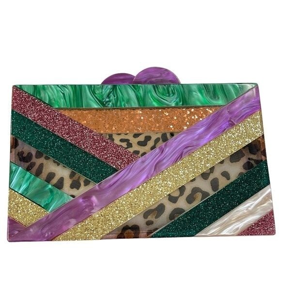 NIB Elizabeth Sutton Collection Cheetah Clutch Acrylic Purse Glitter Multi Color