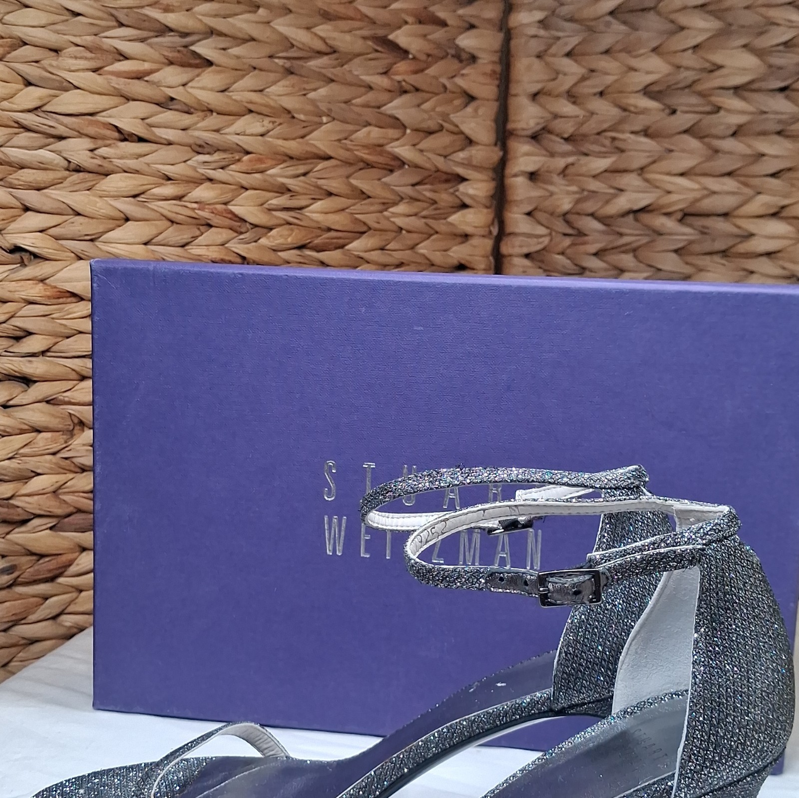 Stuart Weitzman Pewter Glitter Ankle Strap Stiletto Open Toe Heels 7B