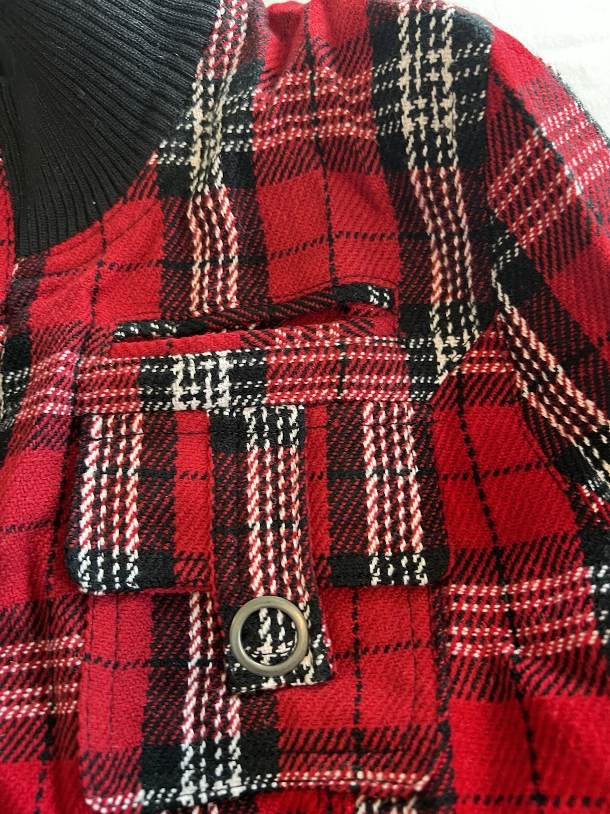 Vintage Red Black Plaid Bomber Jacket Snap Front Ribbed Trim Retro Punk L