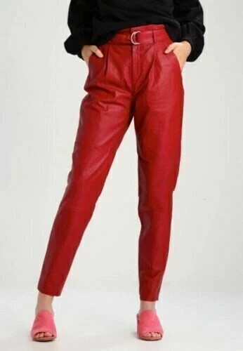 Casual Formal Genuine Party Women Leather Red Pant Handmade Lambskin Stylish Fit