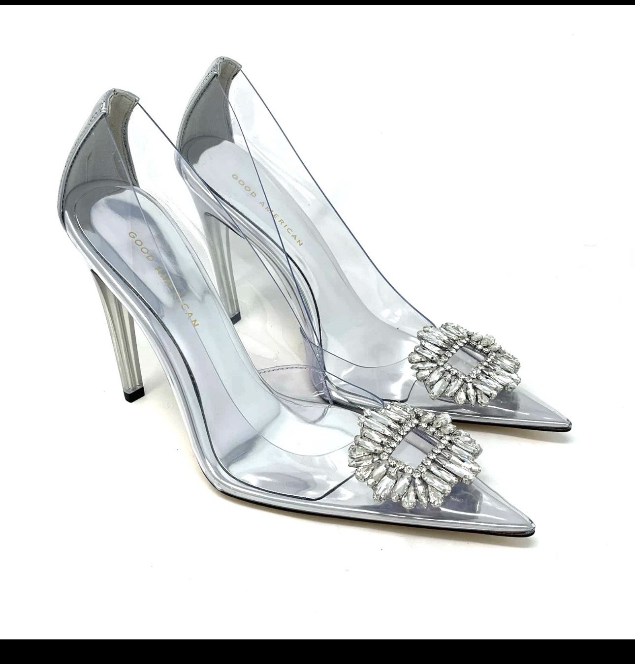 Good American Silver/Clear Leather Rhinestone Pointed Toe Stiletto Pumps 8