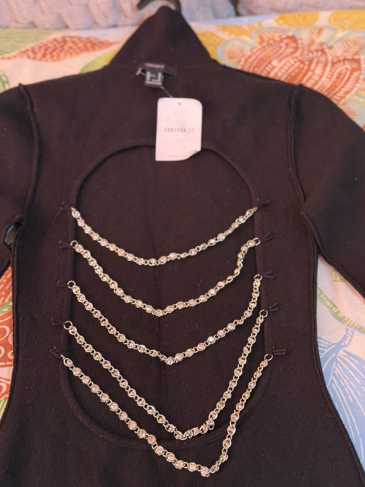 Forever 21 Black Chain Cut Out Long Sleeve Bodycon Party Dress Size S