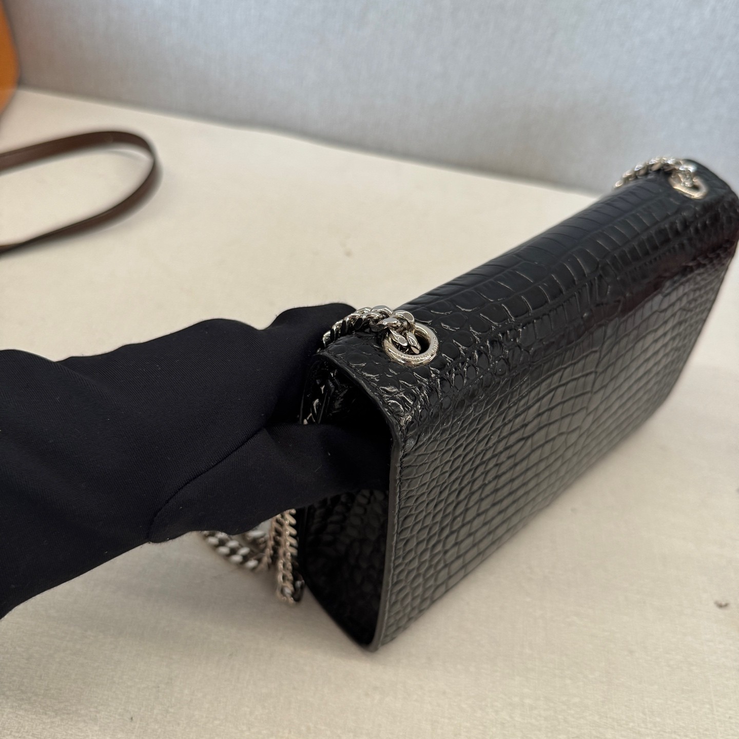 Saint Laurent Kate Small Black Croc Embossed Cowhide Crossbody Bag US Ship