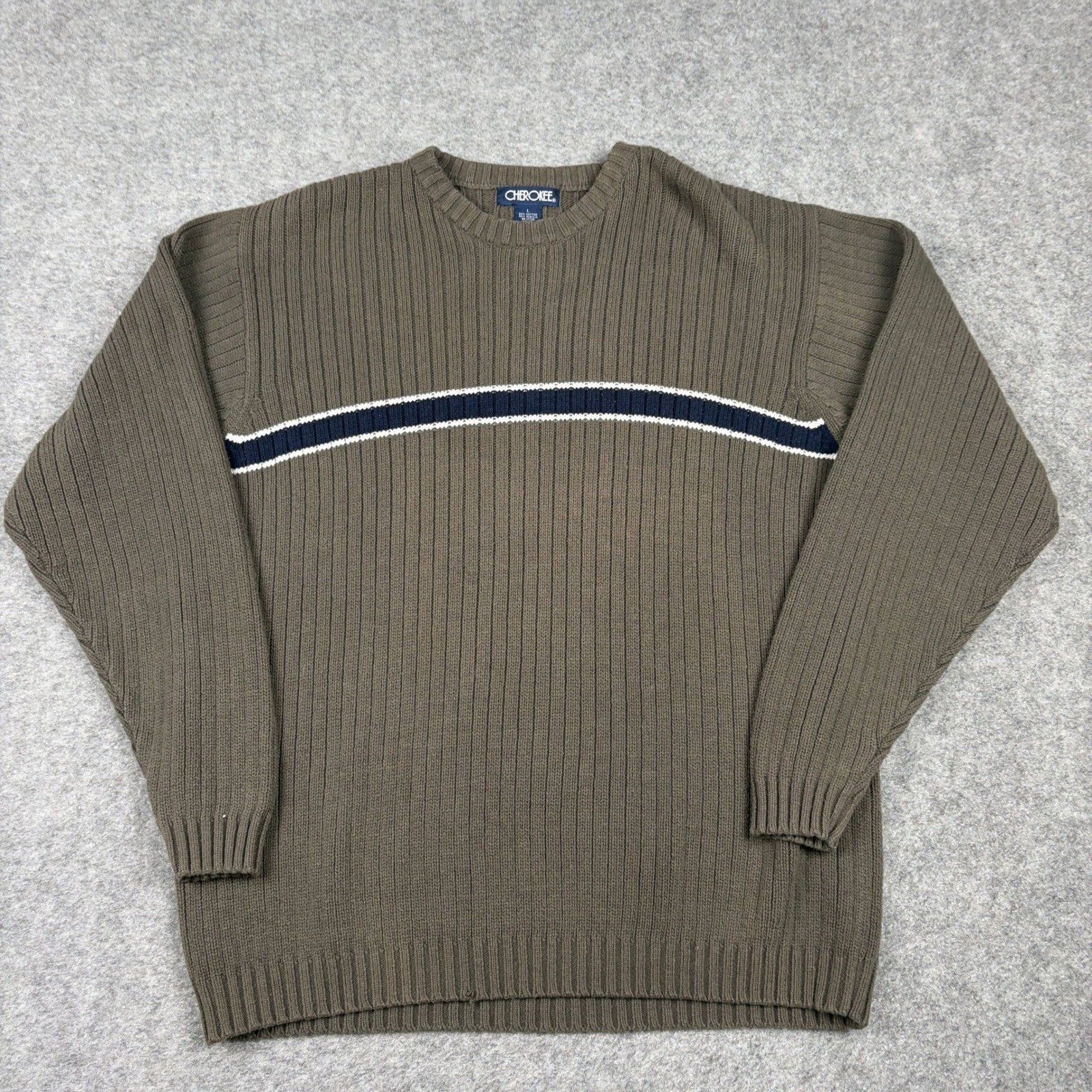 Cherokee Sweater Mens Large Brown Ribbed Knit Striped Crewneck Old Money Outdoor