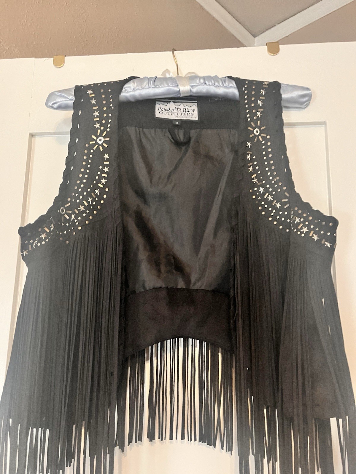 Powder River Outfitters Panhandle Slim Swede Black Open Front Fringe Vest M