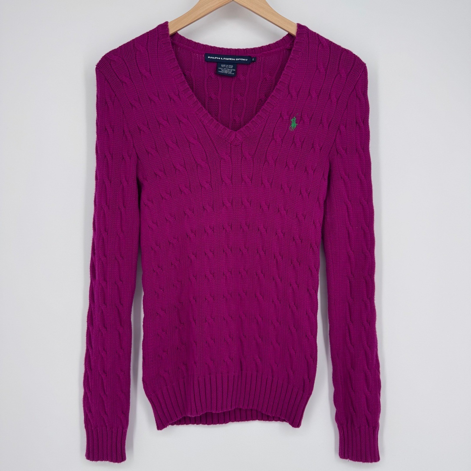 Vtg Ralph Lauren Sport Sweater Women S Pink Cable Knit V-Neck Cotton Preppy Pony