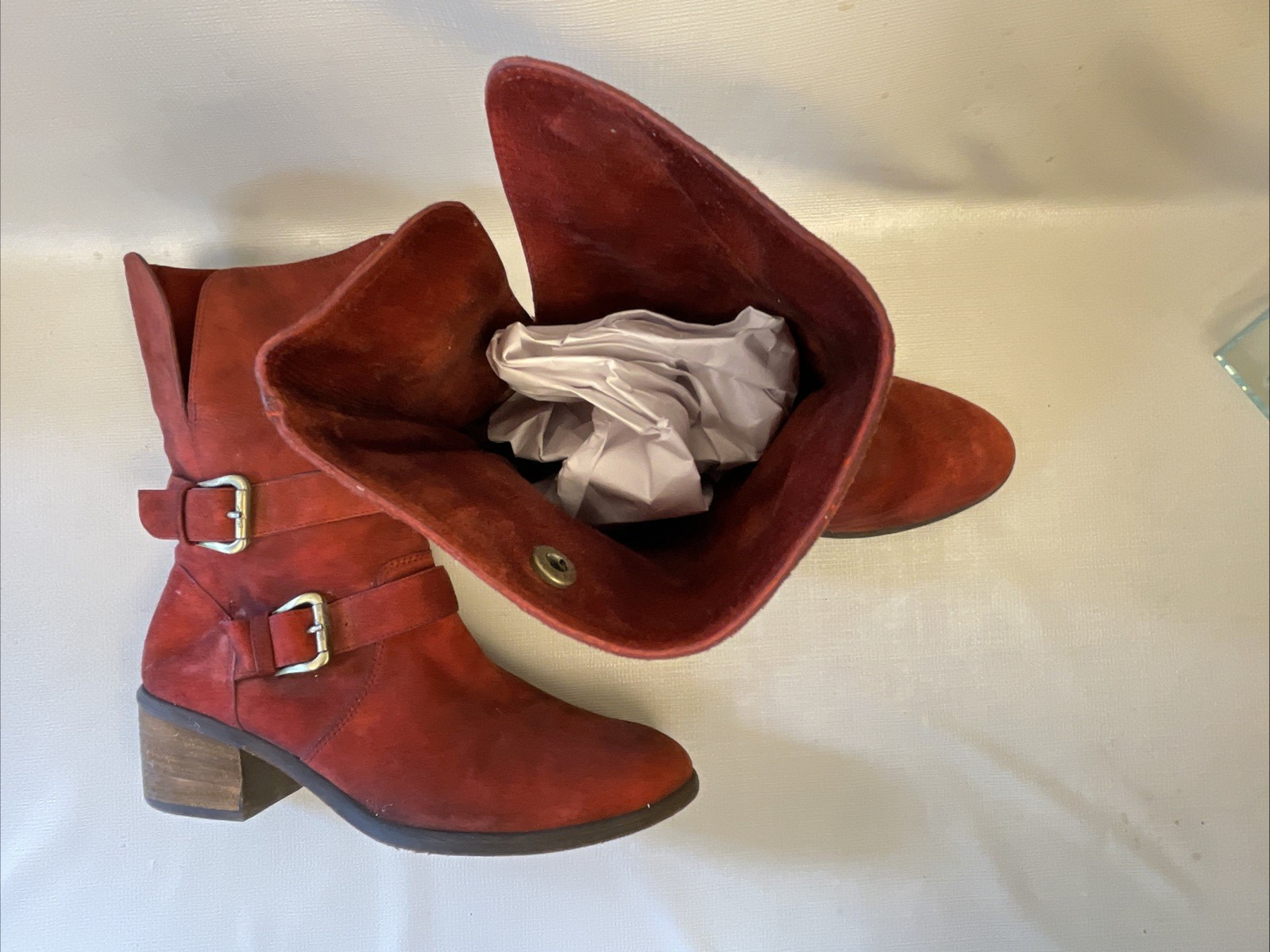 Donald J Pliner Moto Boot Size 10 M Mid Calf Distressed Red Suede Buckle Foldup