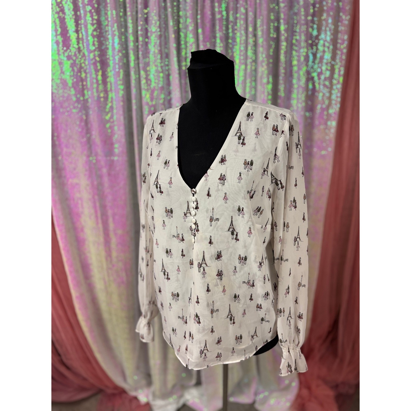 Maison Jules Womens White Eiffel Tower Paris Print V-Neck Blouse Size Medium