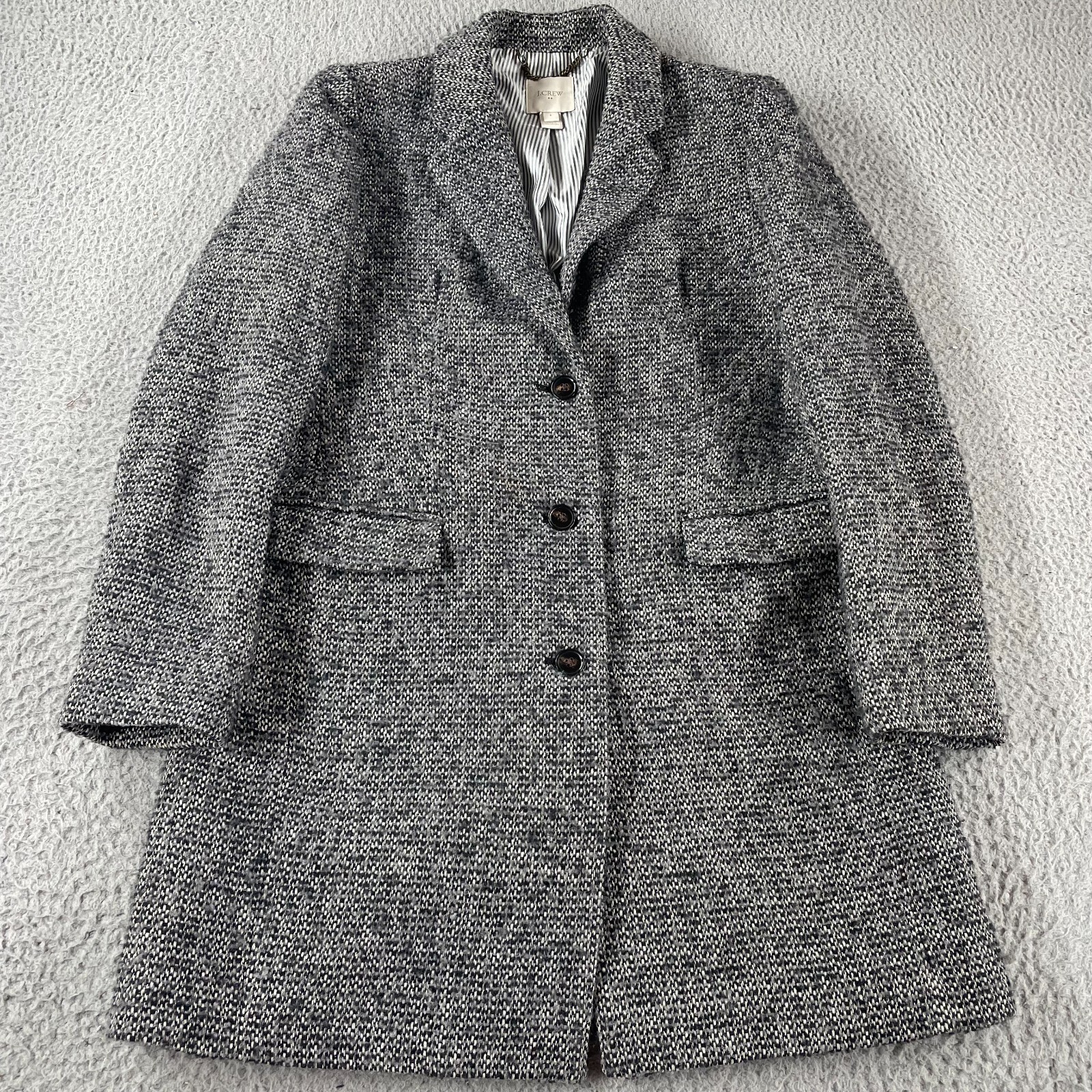 J Crew Factory Tweed Topcoat Coat Grey Black H1493 Size 8 Jacket 3 Button