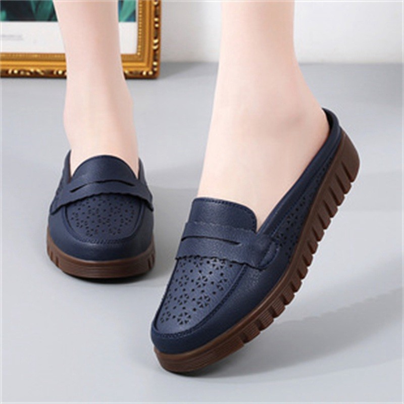 Mom Shoes Wear Beef Summer Hollowed Genuine Leather Box Slippers Women’s Outer