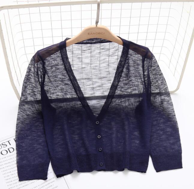 Women Sweater Shrug Crop Top Coat 3/4 Sleeve Knit Cardigan Button Down Sheer
