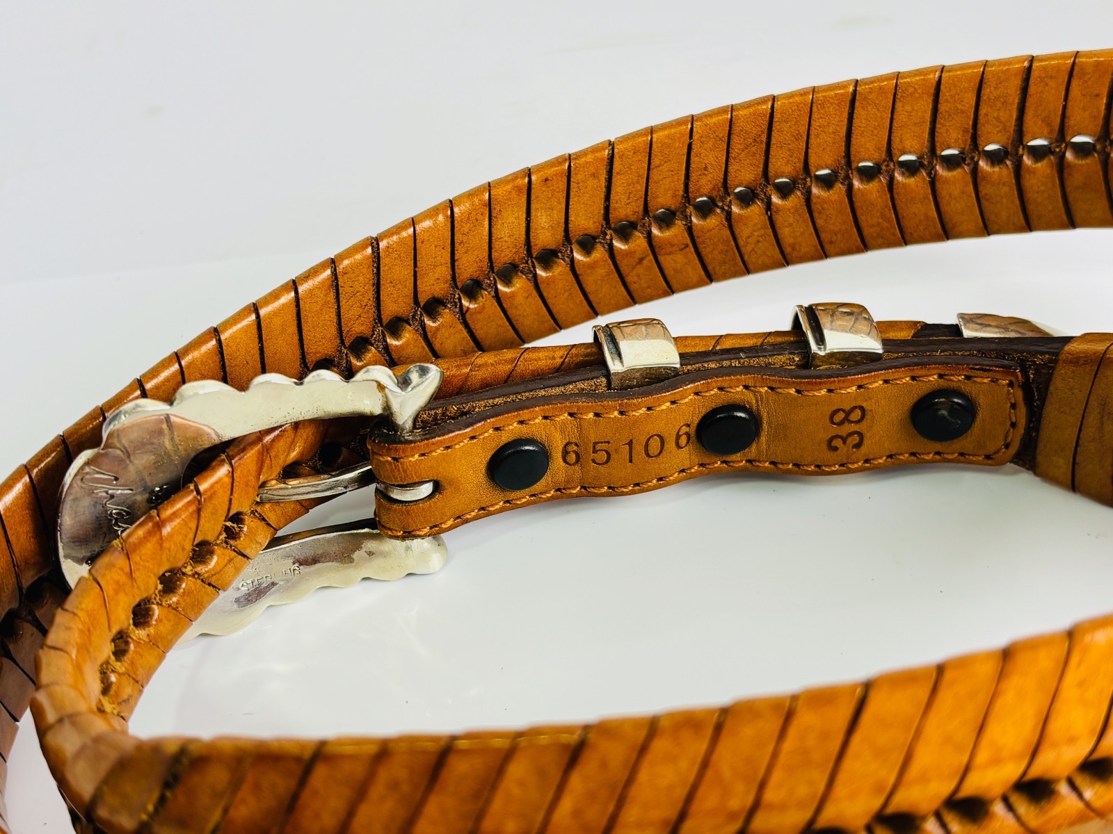 Chacon Santa Fe Sterling Silver 925 3/4″ Ranger Belt Buckle 38 Woven Tan Leather