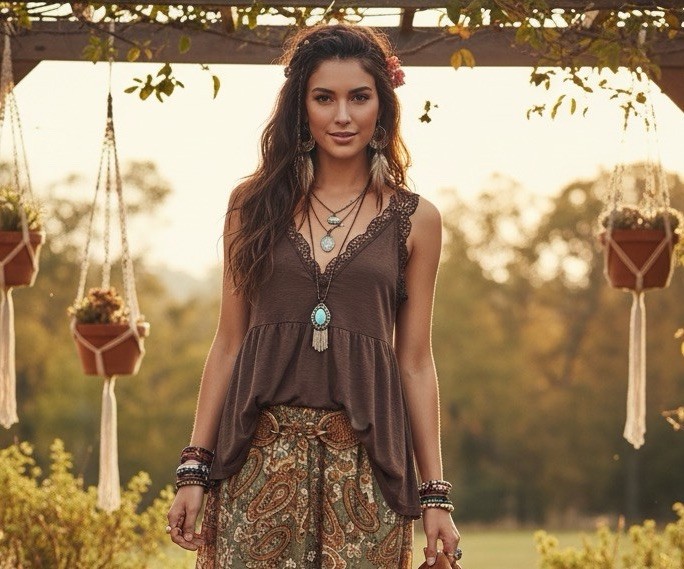 Bibi Babydoll Top Deep Plunge V-neck Brown Goblincore Fairy Hippie Boho Western