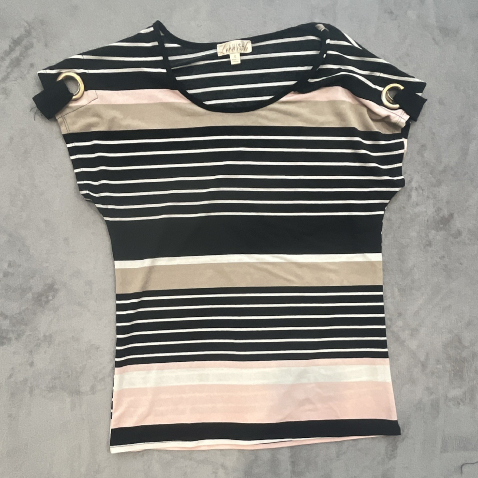 Lavish Women’s S Black White Beige Pink Striped Scoop Neck Cap Sleeve Top