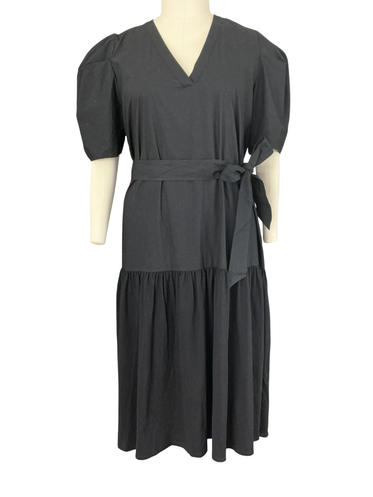 NWT Eloquii Black Tiered Dress Size 22 Puff Sleeve Poplin Belted Goth Minimalist