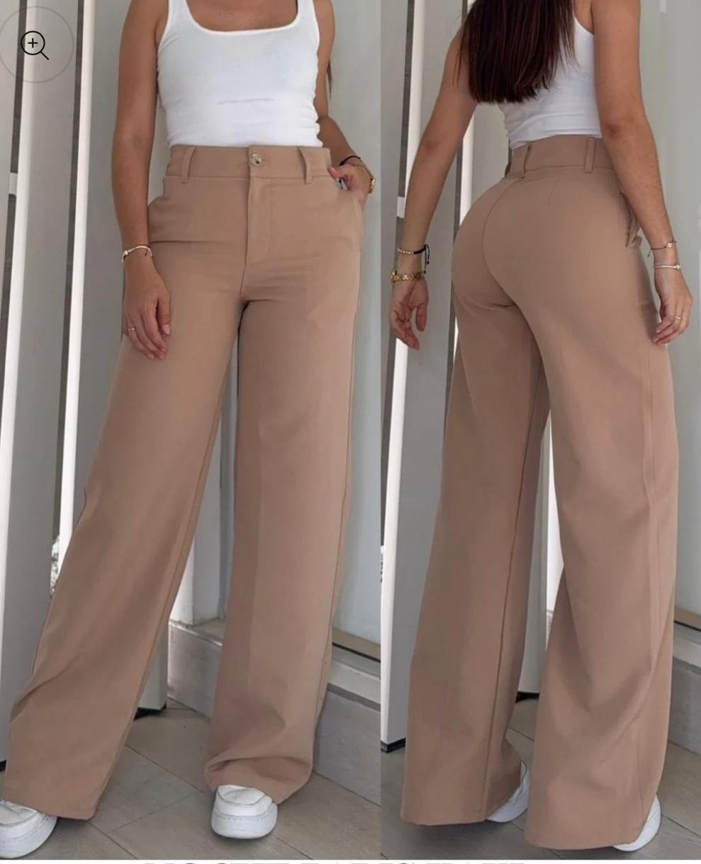 Women’s Beige High Rise Wide-Leg Dress Pants Polyester Pockets Button L