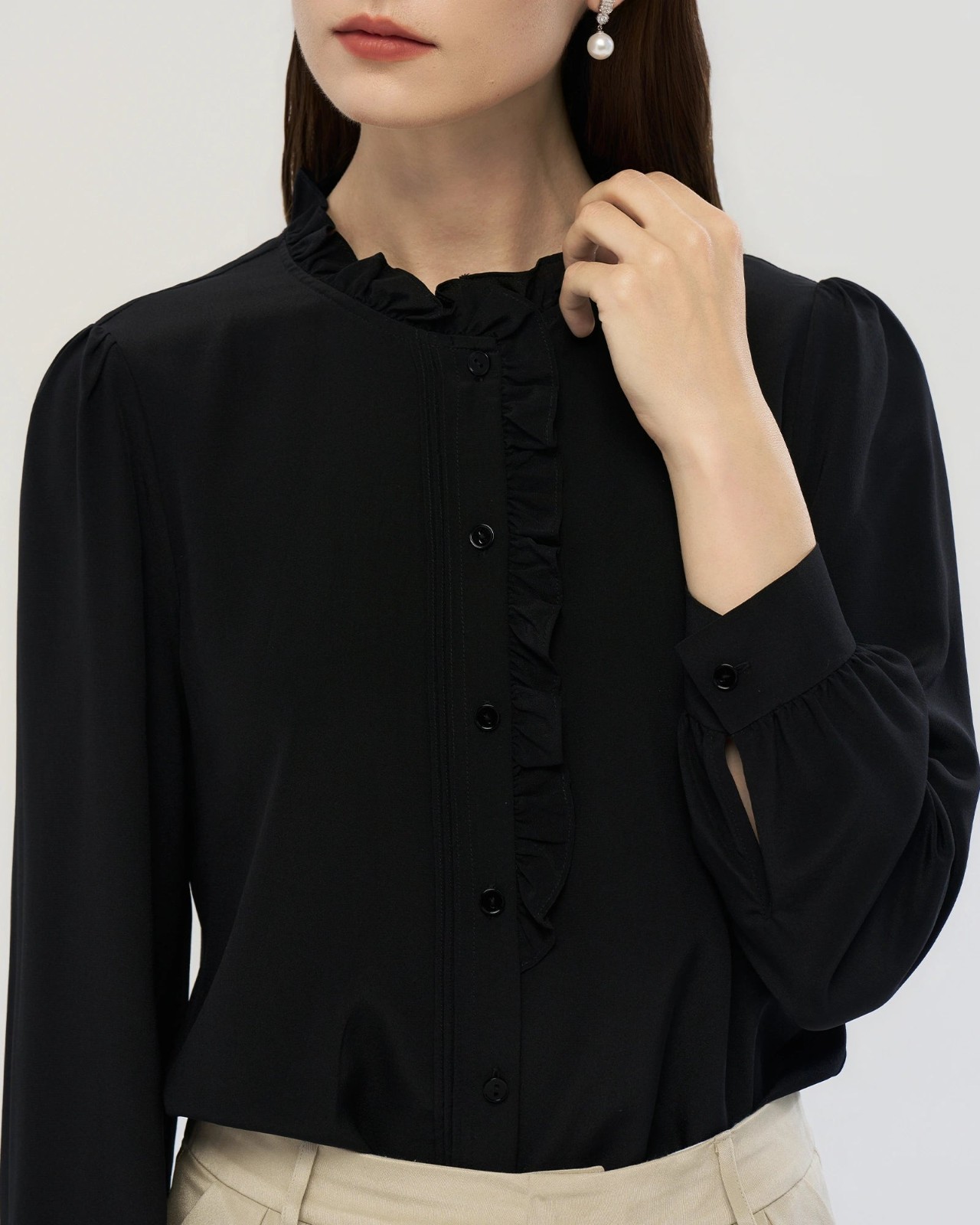 Long Sleeve Silk Blouse with Ruffle Trim