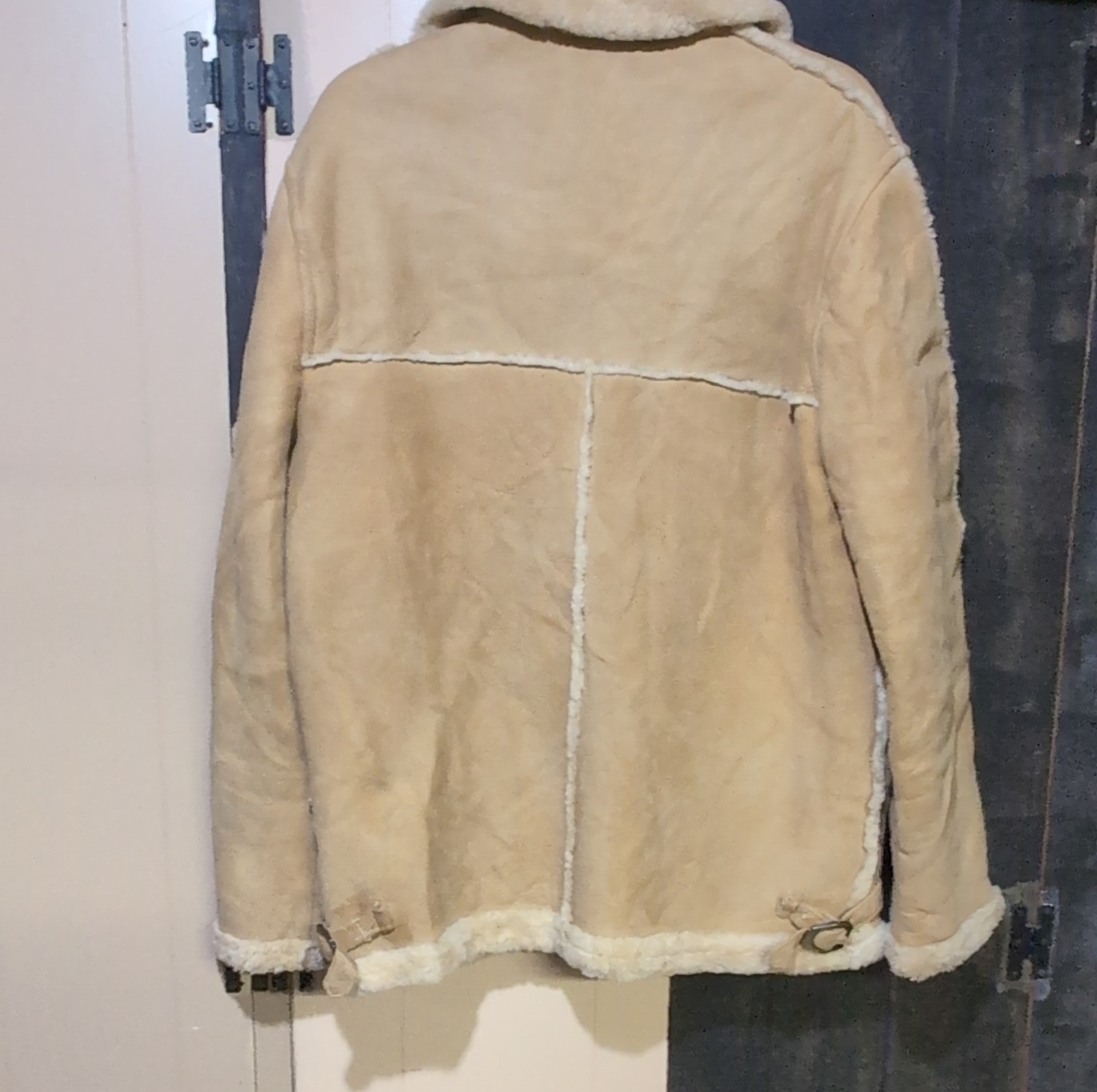 Saks Fifth Avenue Shearling Suede Jacket Fur Trim Buckle Beige Long Sleeve 42