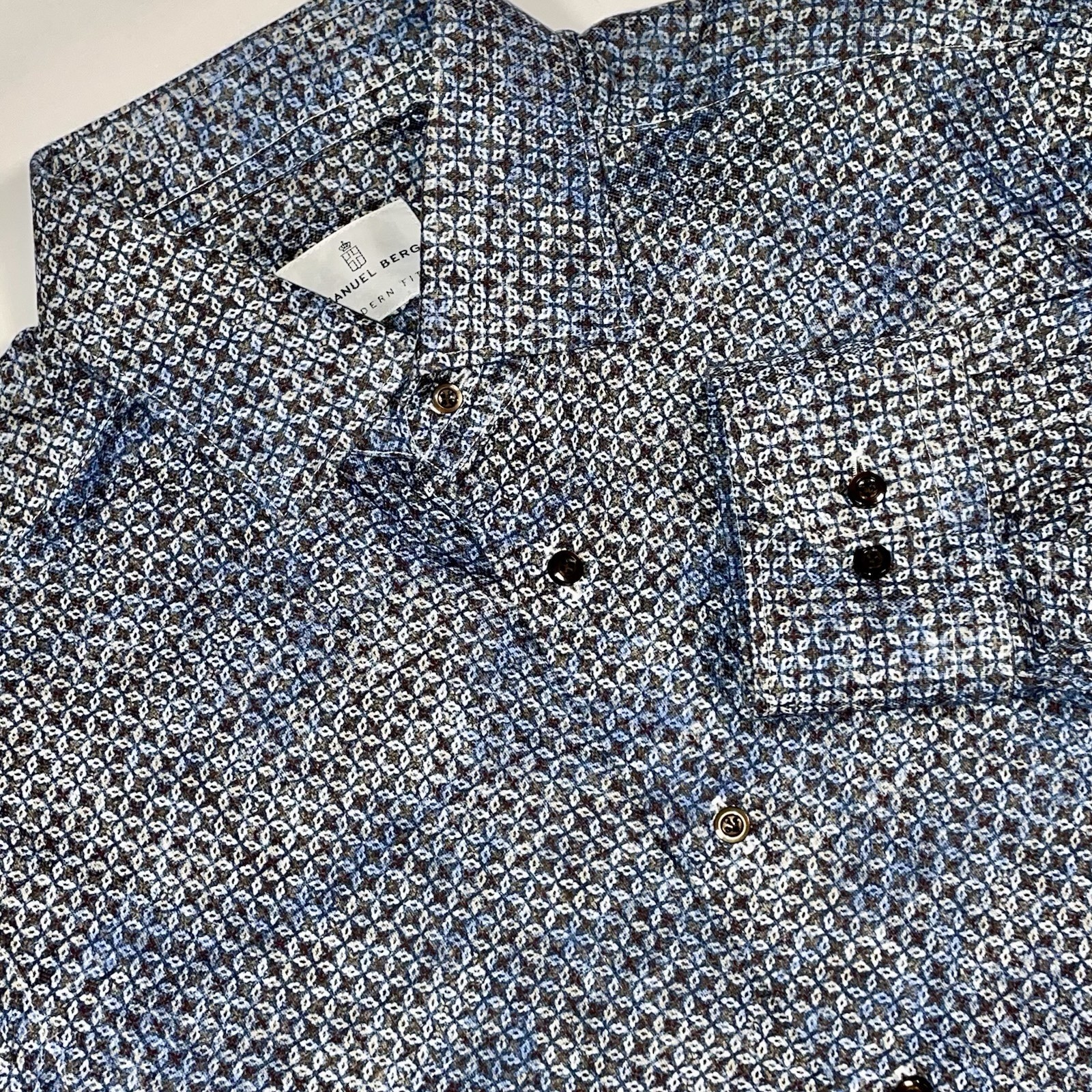 Emanuel Berg ModernFit Blue Geometric Button Up Dress Shirt Mens•M•15.75• Casual