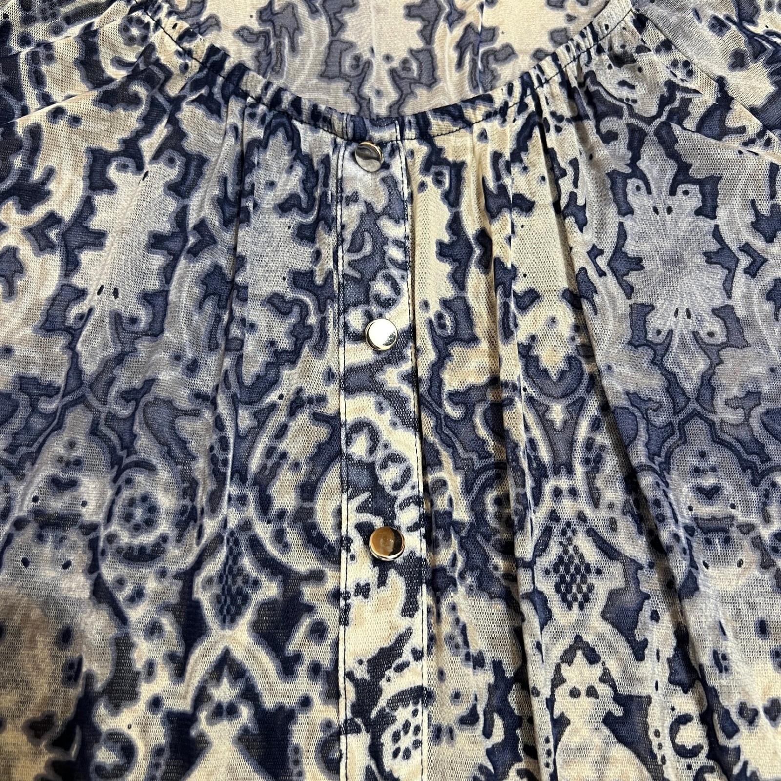 INC International Concepts Mesh Blouse XL Blue Gray Damask Paisley 3/4 Sleeve