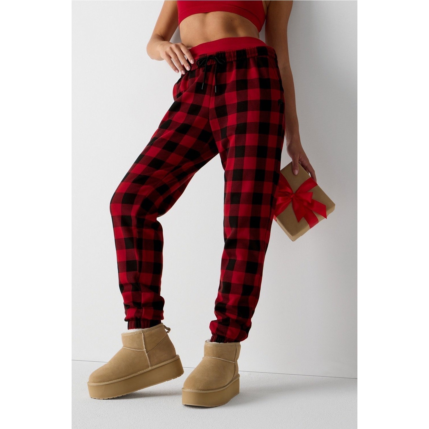 Fabletics Cozy Fleece Go-To Sweatpant Holly Berry Buffalo Check Red Black Plaid