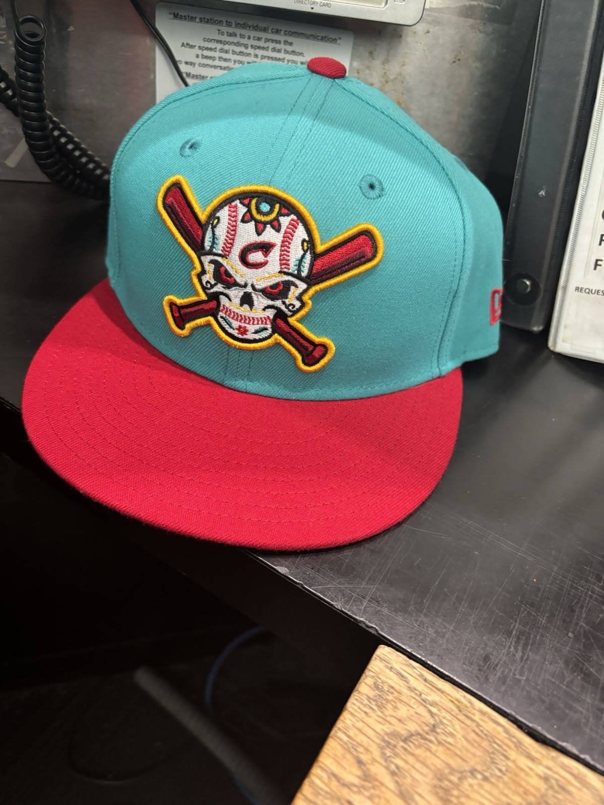 MILB New Era Teal/Red Fitted Baseball Cap Hat, Skull Graphic, Men’s Size 7