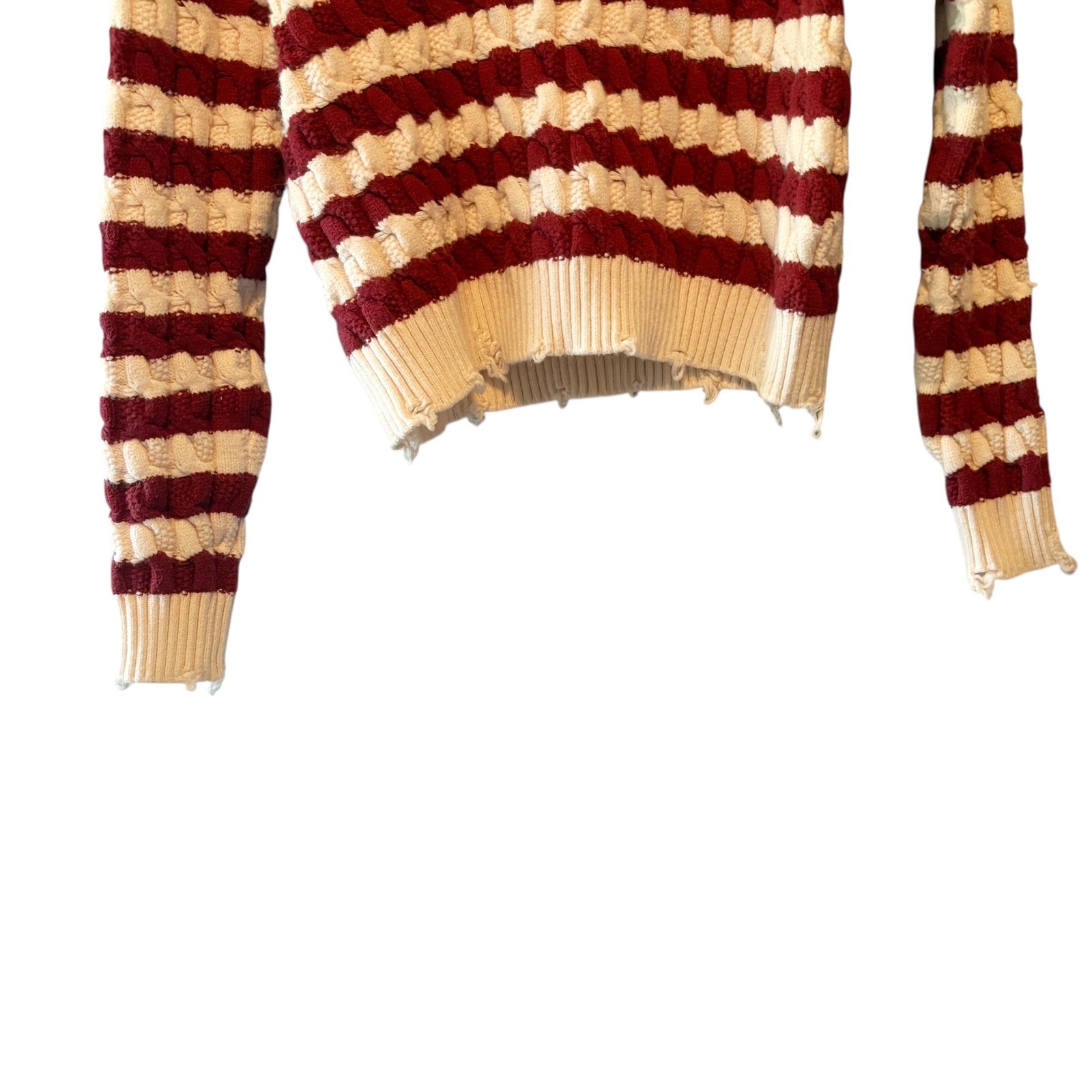 LNA Clothing Striped Cable Knit Cropped Sweater Burgundy Cream Extra Small