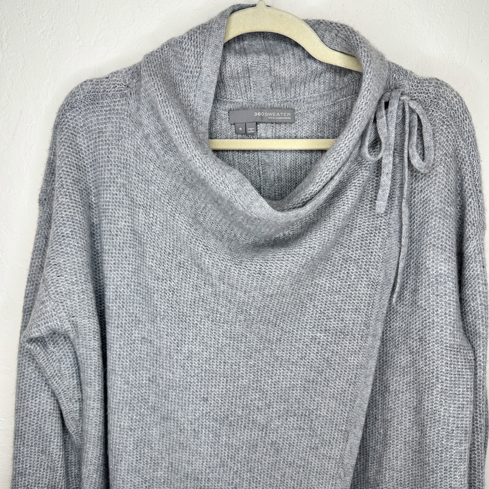 360 Cashmere Grey Draped Wrap Tie Front Moto Waterfall Cardigan Sweater Small