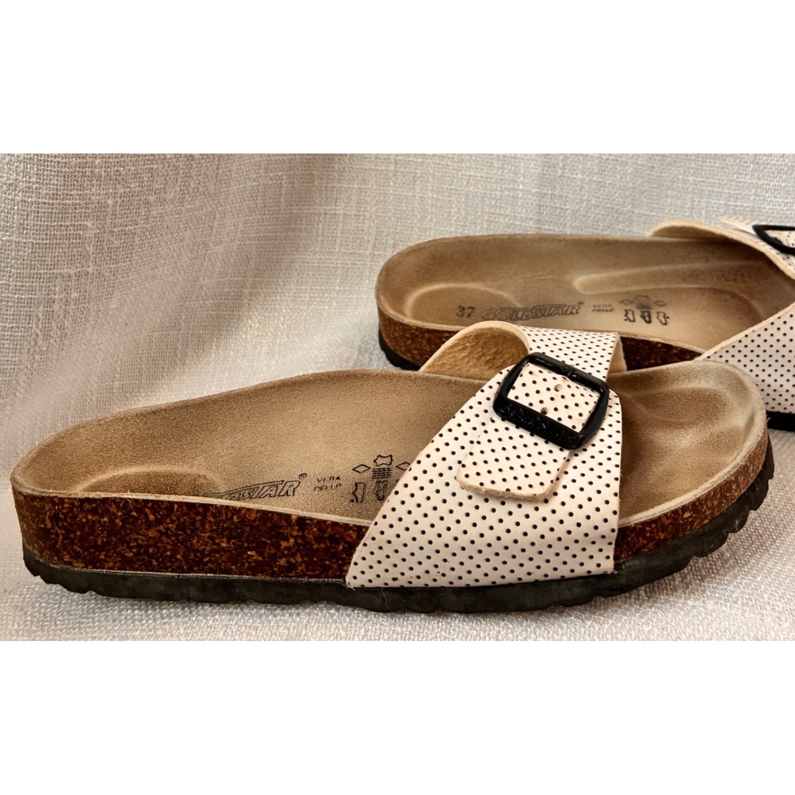 Goldstar Polka Dot Cork Slide Sandals Cream Black Buckle Italy Mens Womens 37