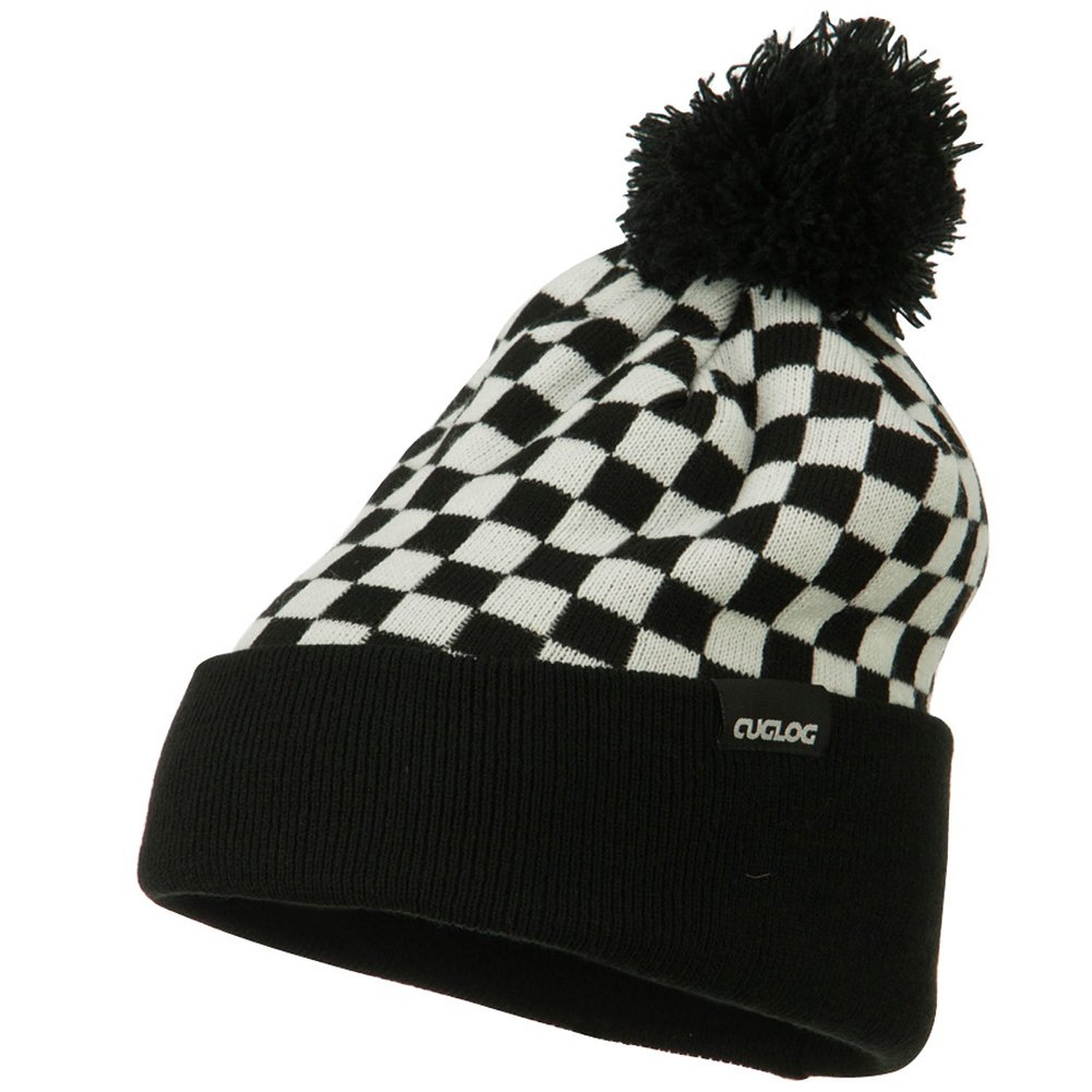 White & Black Pom Pom Ski Checker Winter Skull Warm Cuffed Long Knit Beanie Hat
