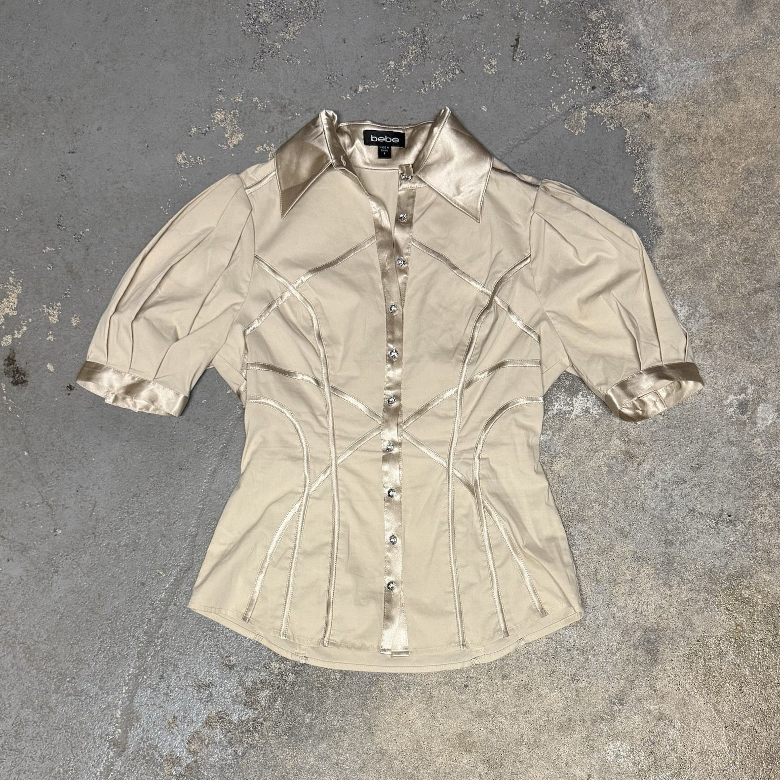 bebe Beige Collared Button-Up Silk Trim Puff Short Sleeve Stretch Blouse S