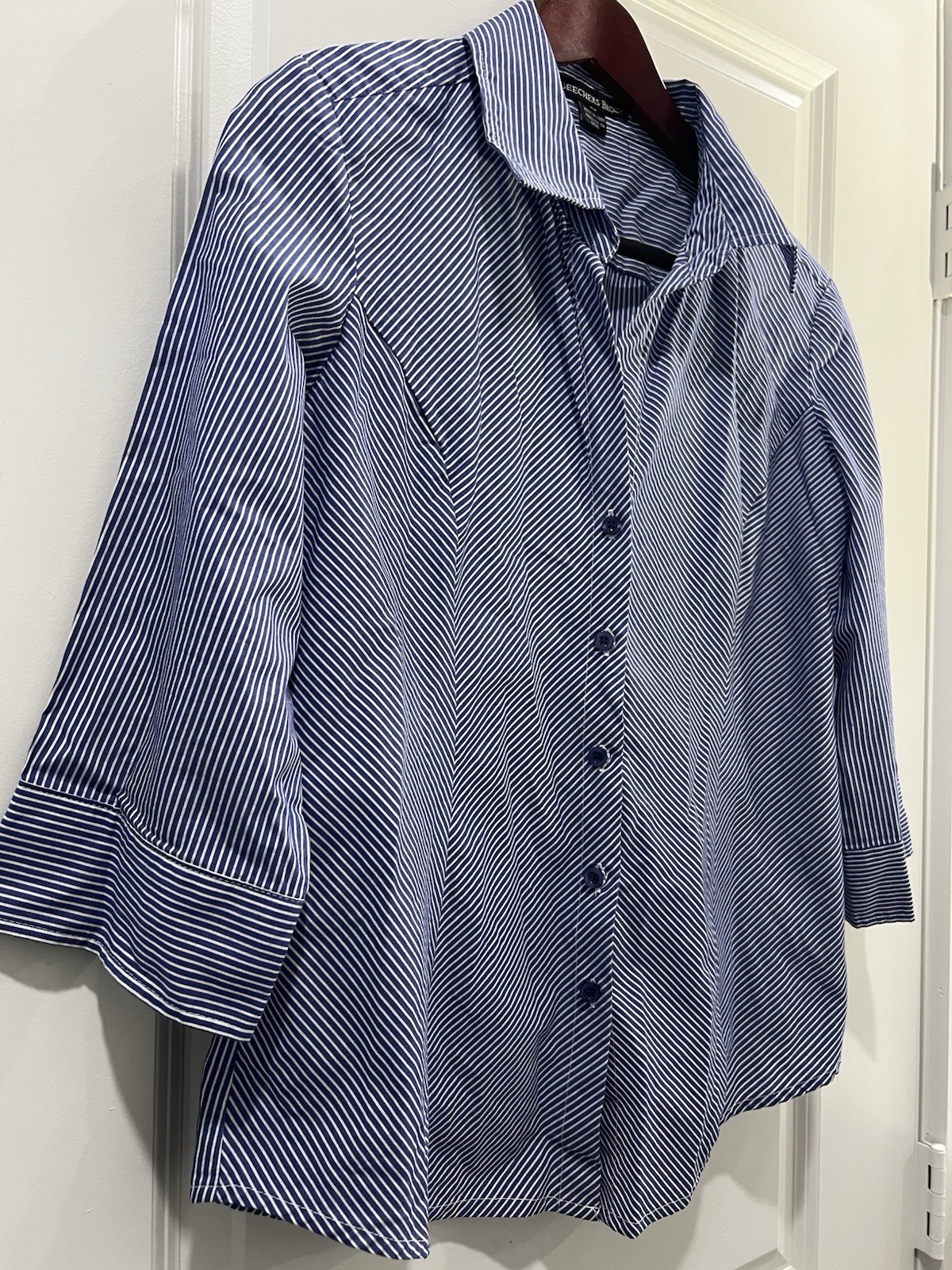 Beechers Brook Womens Blue White Striped Button Down Shirt Size M 3/4 Sleeve