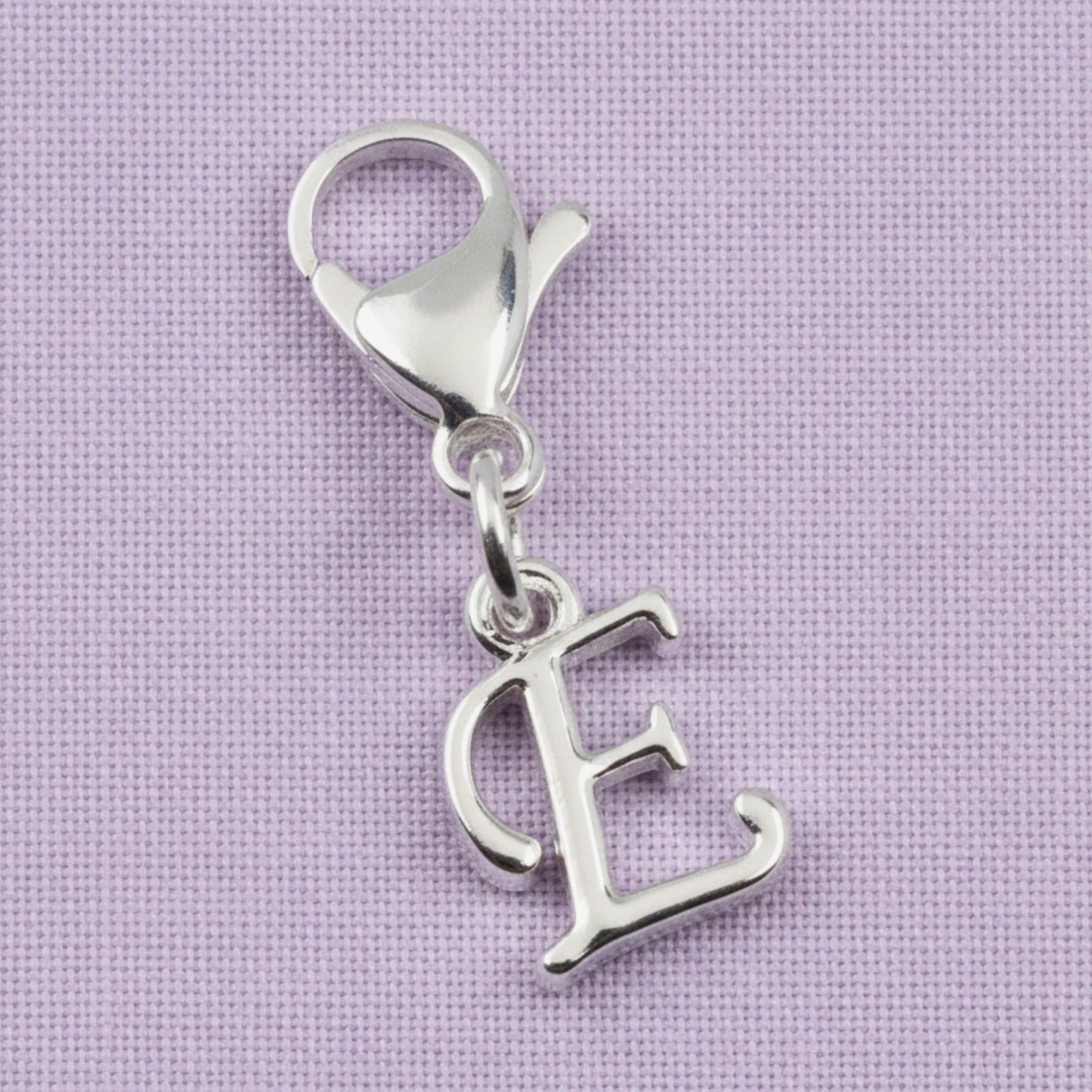 Silver Letter “E” Clip On Charm, Cursive Script Initial Dangle + Lobster Clasp