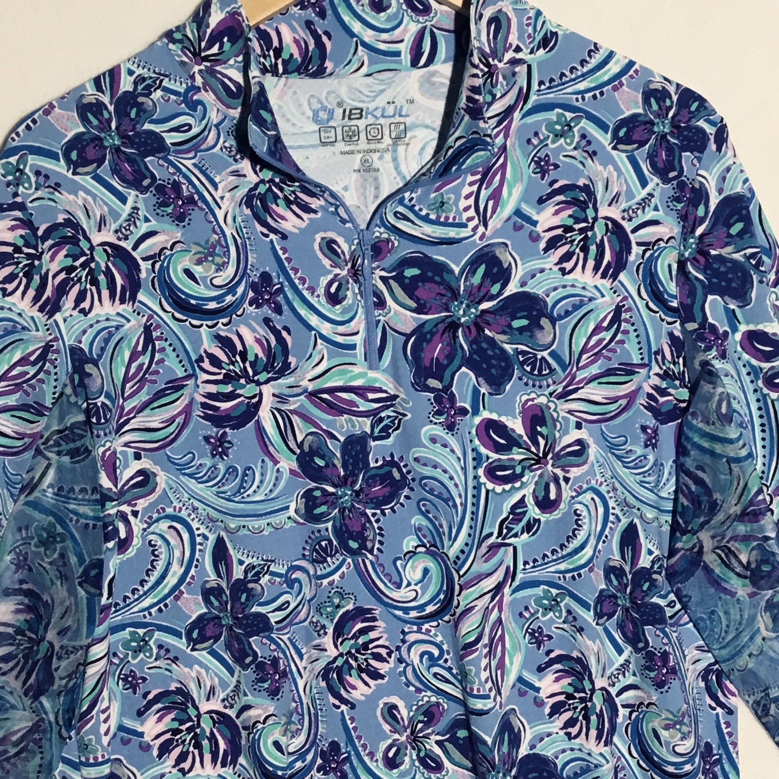 IBKUL Performance Floral Quarter Zip Top Women’s XL Blue Purple Long Sleeve