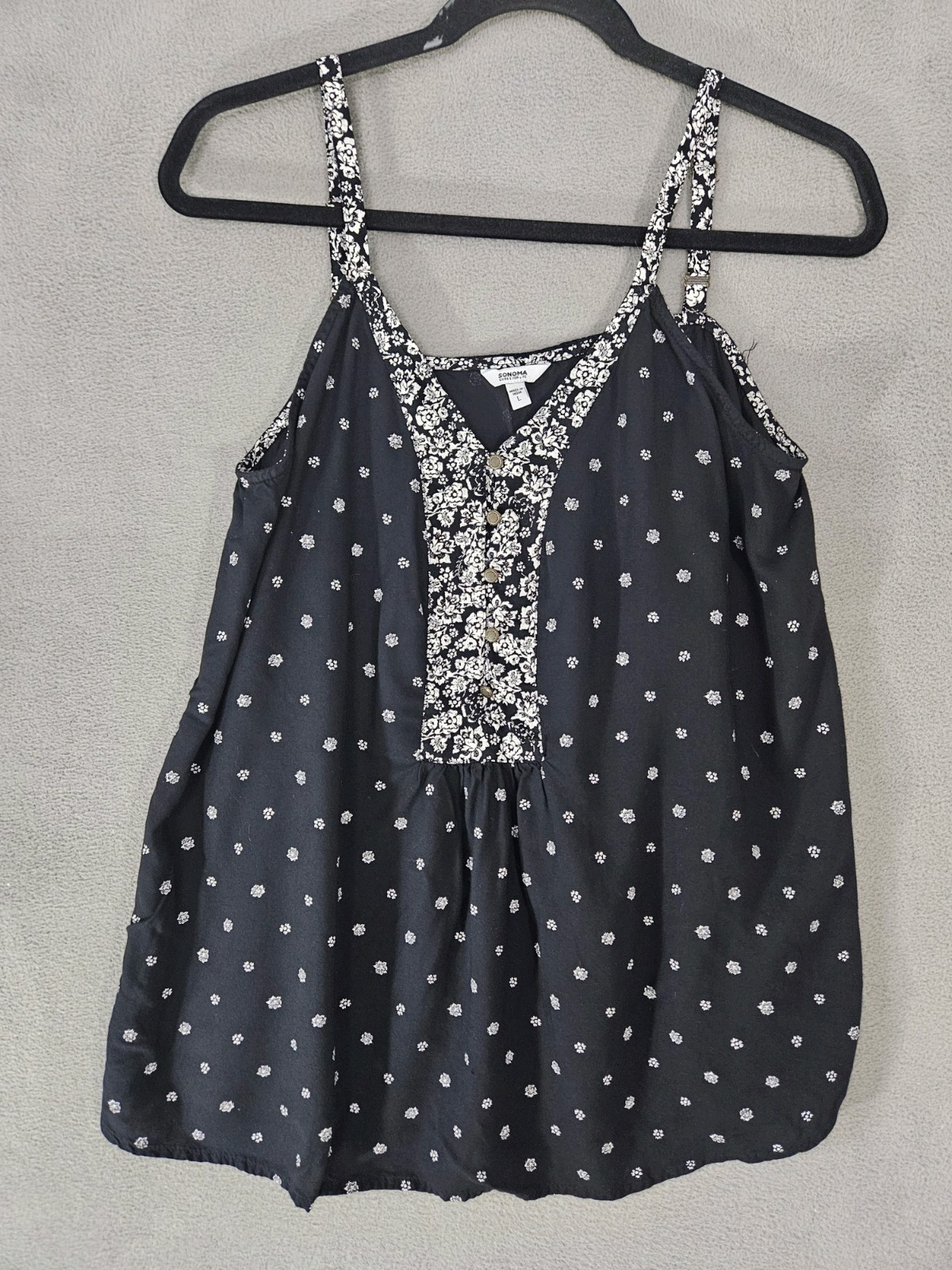 Sonoma Womens Large Peasant Tank Top Shirt Black Paisley Cottagecore Vneck