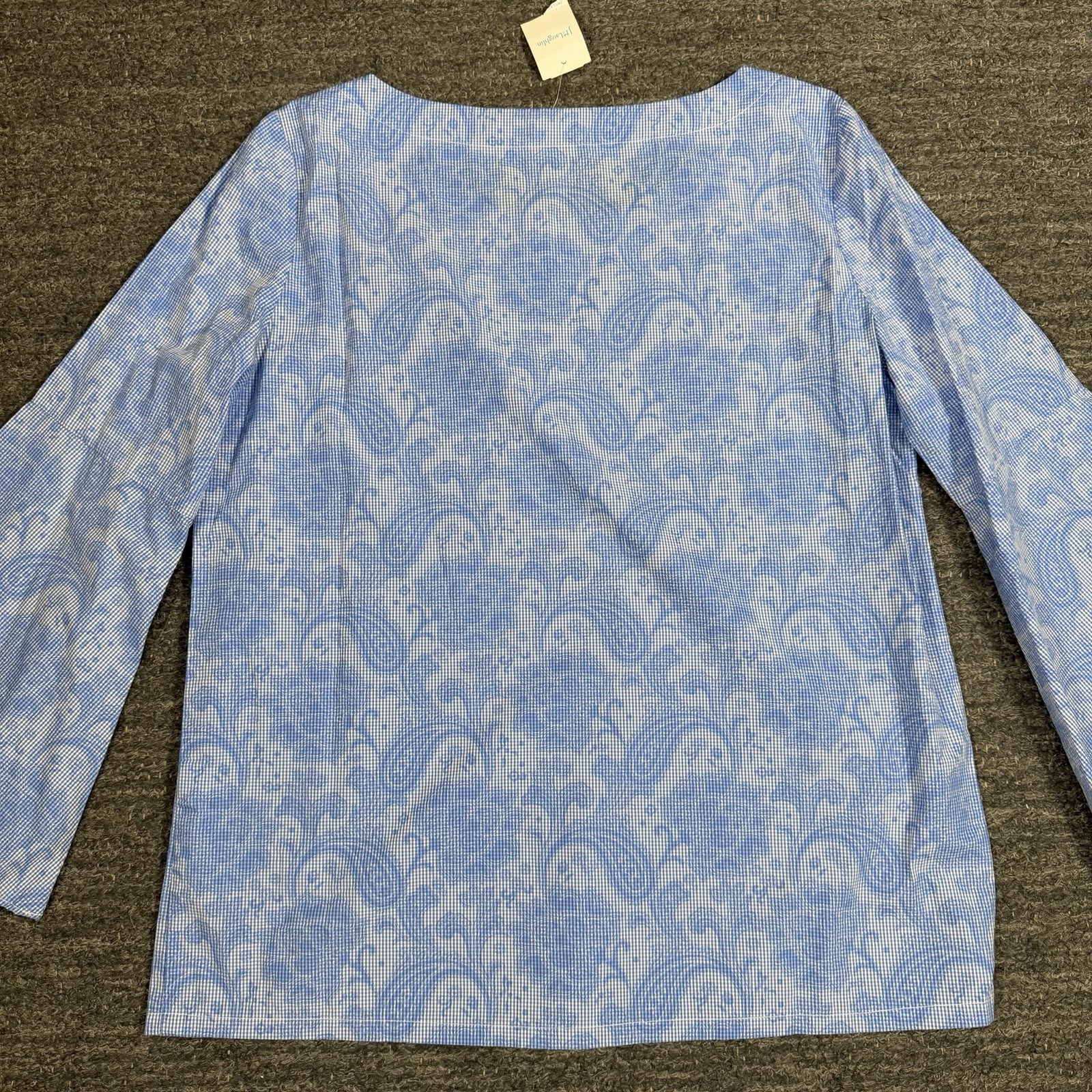 J Mclaughlin Coretta Blouse Women Medium Boat Neck Bell Sleeve Paisley Blue NEW