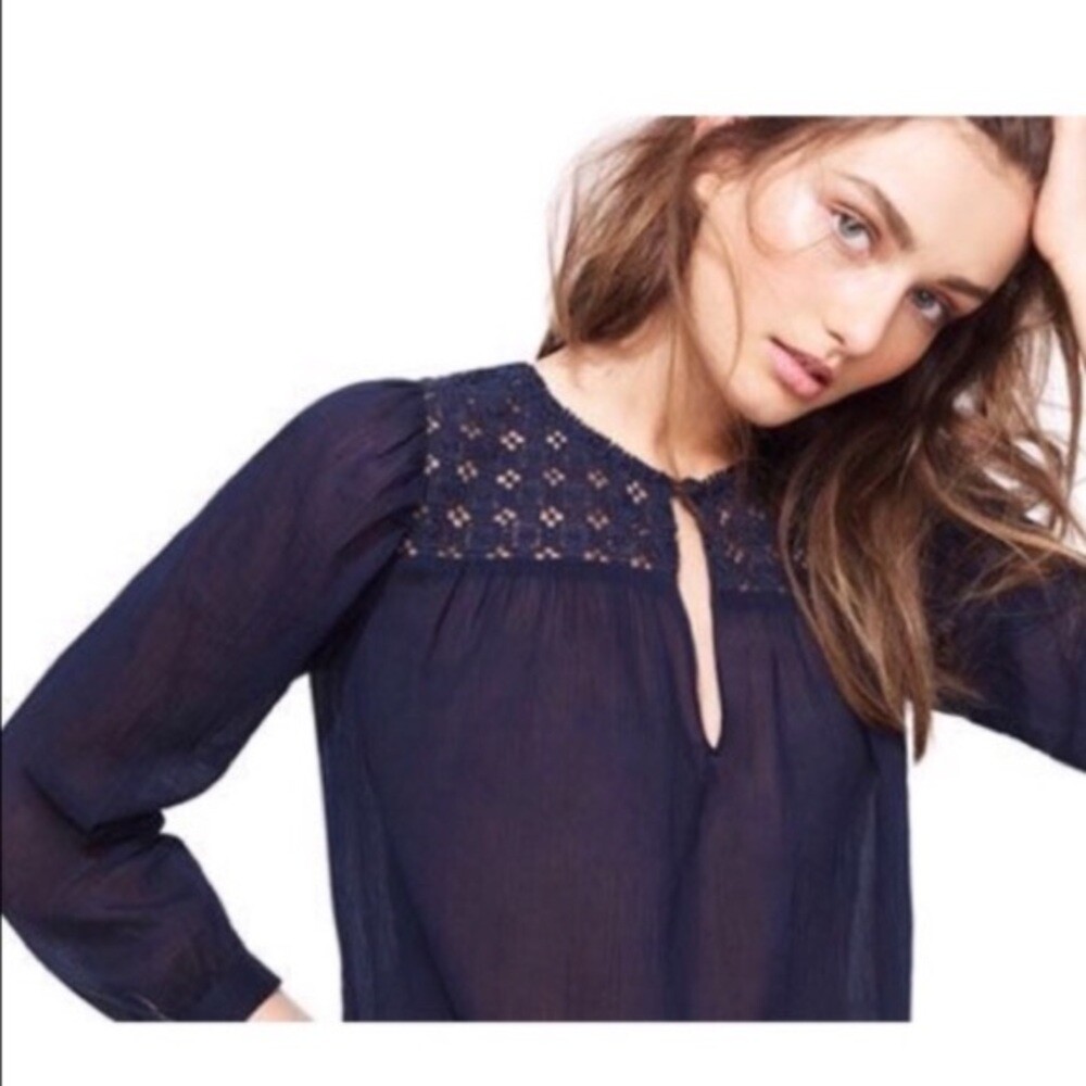 J. Crew Embroidered Gauze Top Navy 4 Cotton
