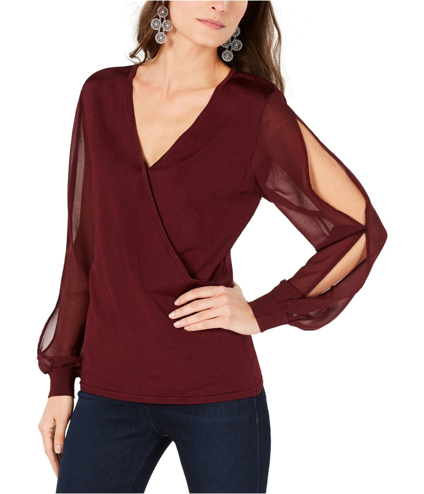 I.N.C Womens Illusion Surplice Shell Blouse, medred, L