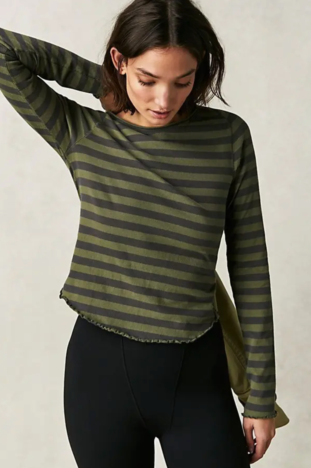 Free People Green Combo Stripe Long Sleeve Lettuce Hem Be My Baby Cotton Tee S
